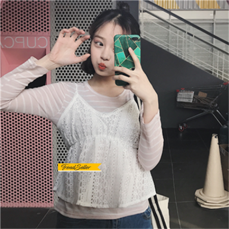 니트뷔스티에 끈 프릴 체크 러블리러플 2017 봄 새로운 여성의 두 조각 레이스 멜빵 블라우스 스트라이프 셔츠 티셔츠 스웨터
