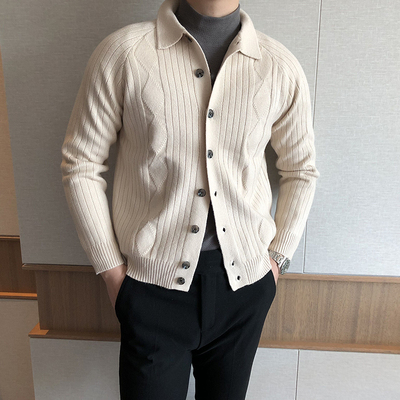 남성 니트 가디건 모모 춘추순색프린팅체크니트코트한판복고터틀넥가디건남