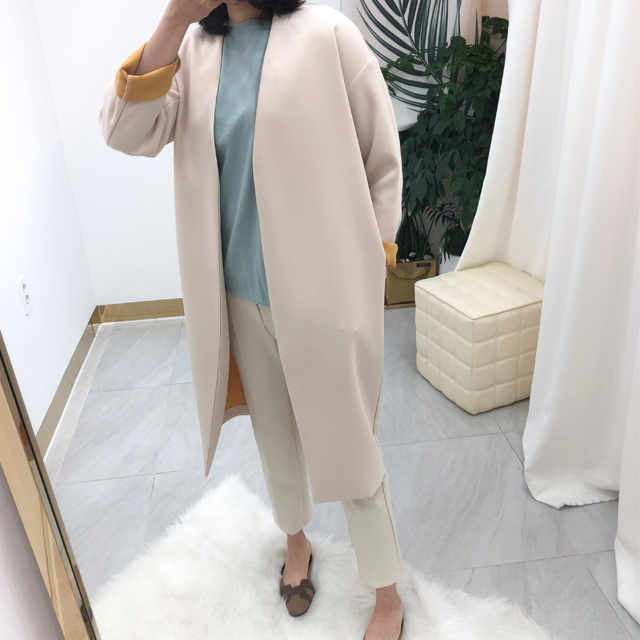 소매 배색 노카라 롱 자켓
