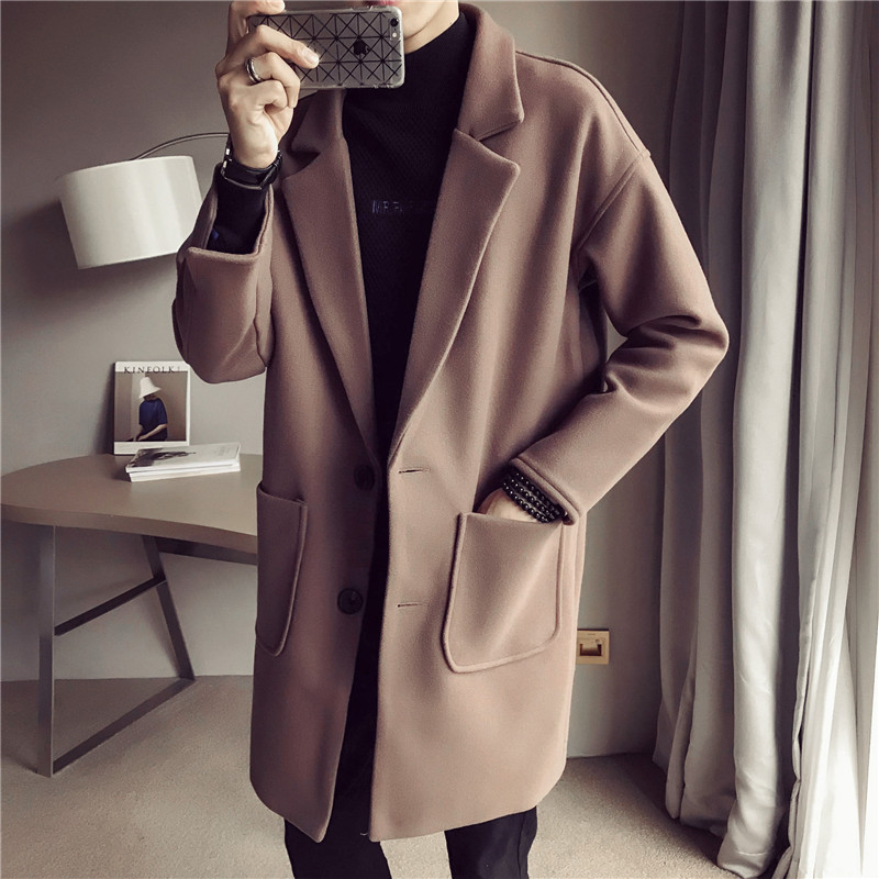 남자 가을 겨울 맥 울 코트 모직 남중기장 시크 트렌치코트 통통사이즈