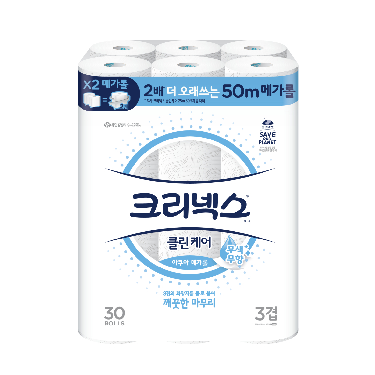 크리넥스 클린케어 아쿠아 메가롤 3겹 50m 30롤