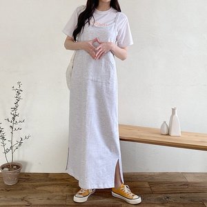 여자 끈 나시 라운드 롱 트임 4컬러 면 원피스