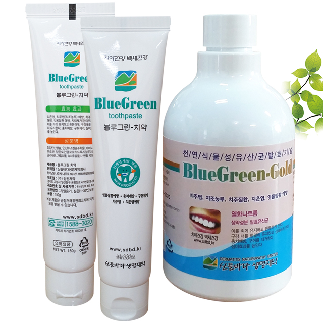 산들바다생명제약 블루그린 골드 가글  350ml + 치약 150g 2개