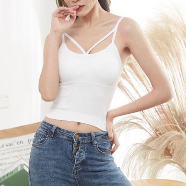 여자 V끈 나시 캡 내장 탑브라 이너웨어 민소매
