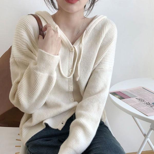 데일리 캐주얼 여성 니트 후드 단추 가디건 자켓