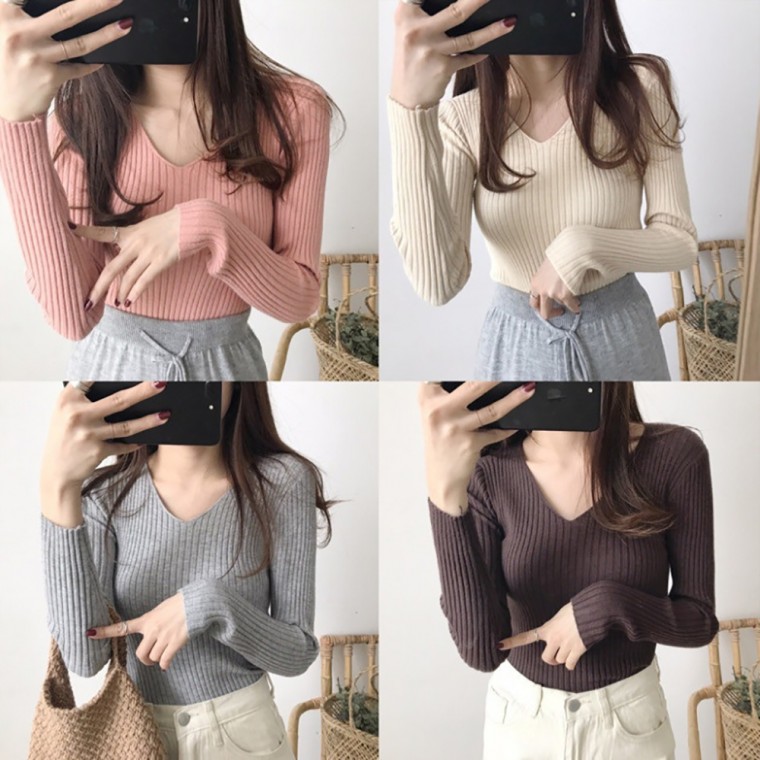 브이넥 골지 티셔츠 베이직 데일리 니트 가을 이너