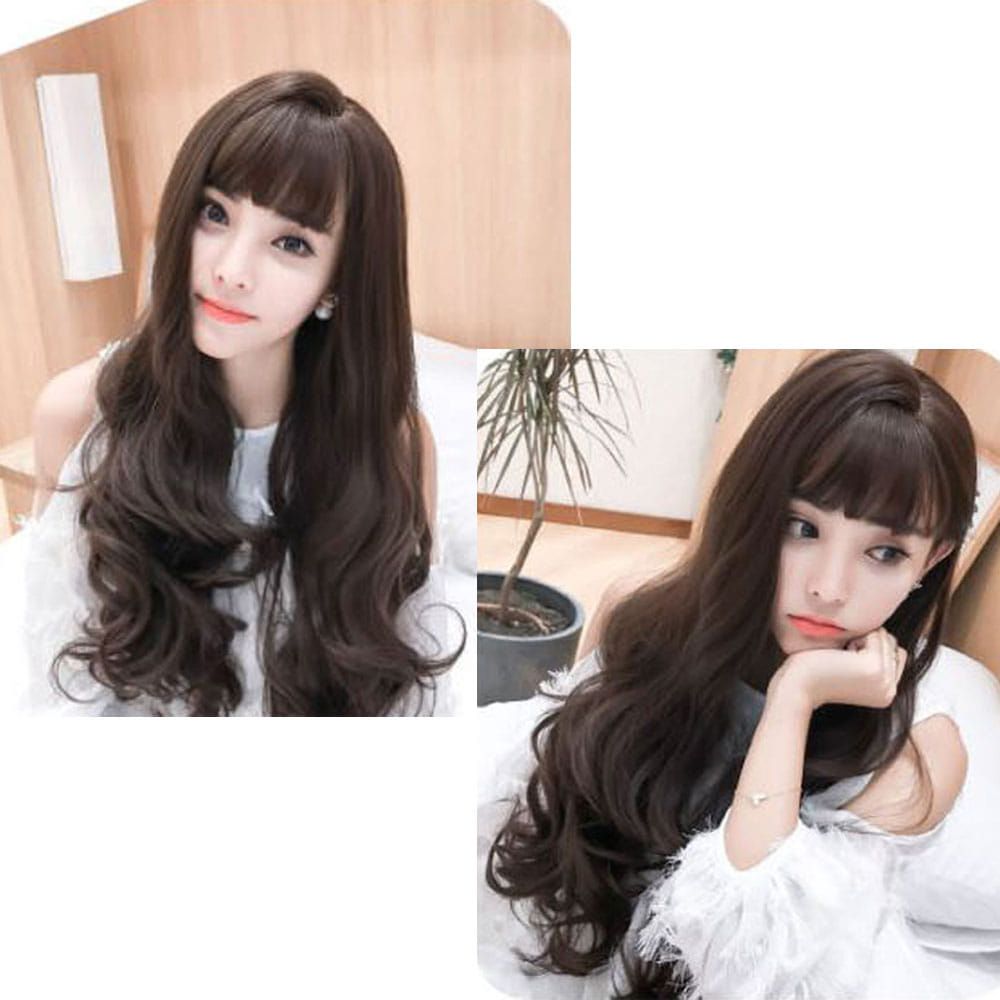 여신 자연스러운 앞머리 뱅 웨이브 여성가발 망포함 세이렌-다크 망있음