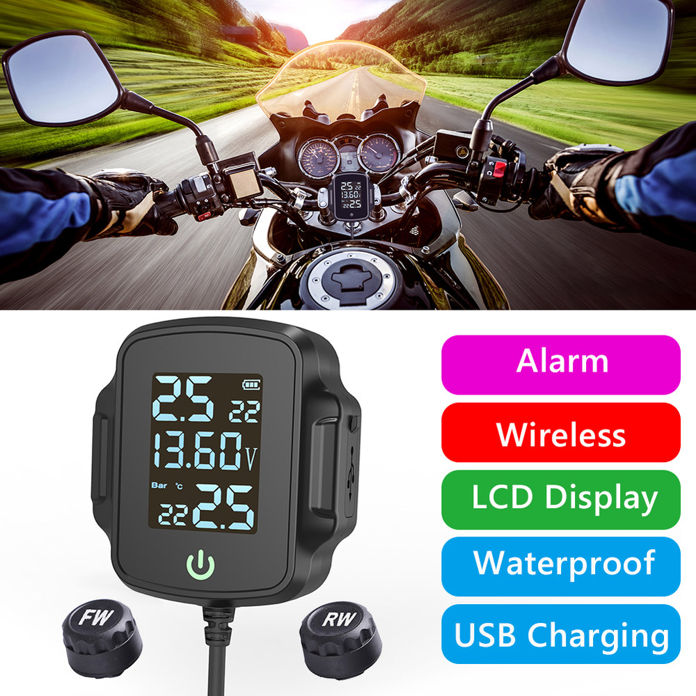 오토바이 센서 타이어 온도 경보 시스템 QC 3 0 고속 충전 압력 USB 출력 디지털 TPMS LCD 디스플레이