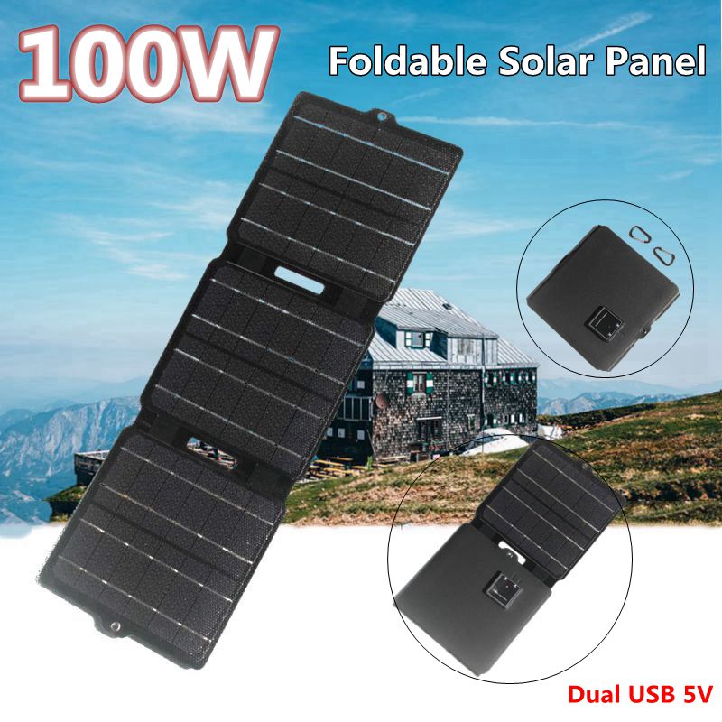 100W 접이식 태양 전지 패널 듀얼 USB 5V 충전기 방수 셀 야외 캠핑 하이킹을위한 휴대용 모바일 전원