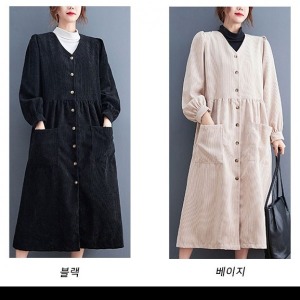 여성 가을 시크한 브이넥 벨벳 오버핏 긴소매 롱 원피스 9326 - 736
