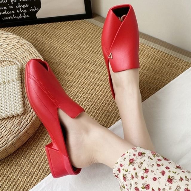 쿨샵 앞코 오픈 여성 뮬블로퍼 브이로고 장식 블로 블랙-230mm