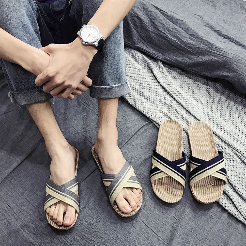 데일리 크로스 왕골 커플 썸머 슬리퍼