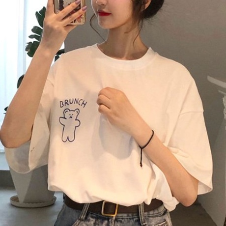 곰돌이 프린팅 포인트 여성 여름 오버핏 반팔 티셔츠