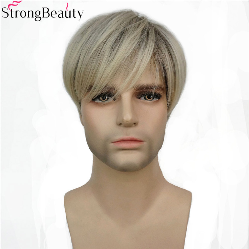 남자부분가발 앞머리 정수리 wig men Strongbeauty 짧은 남자 가발 믹스 금발 합성 머리 내열성 캡리스 가발