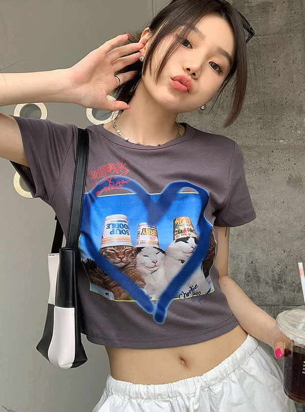 캣 쓰리 프린팅 크롭티