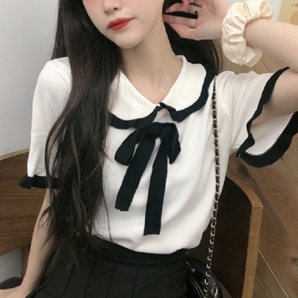 카라 여성 반팔티 레이스 리본 여성 반팔 티셔츠