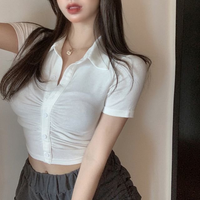 오노마 ONM 바디 슬림 v카라네크 라인 페이스 라인 반팔 크롭탑 8946753