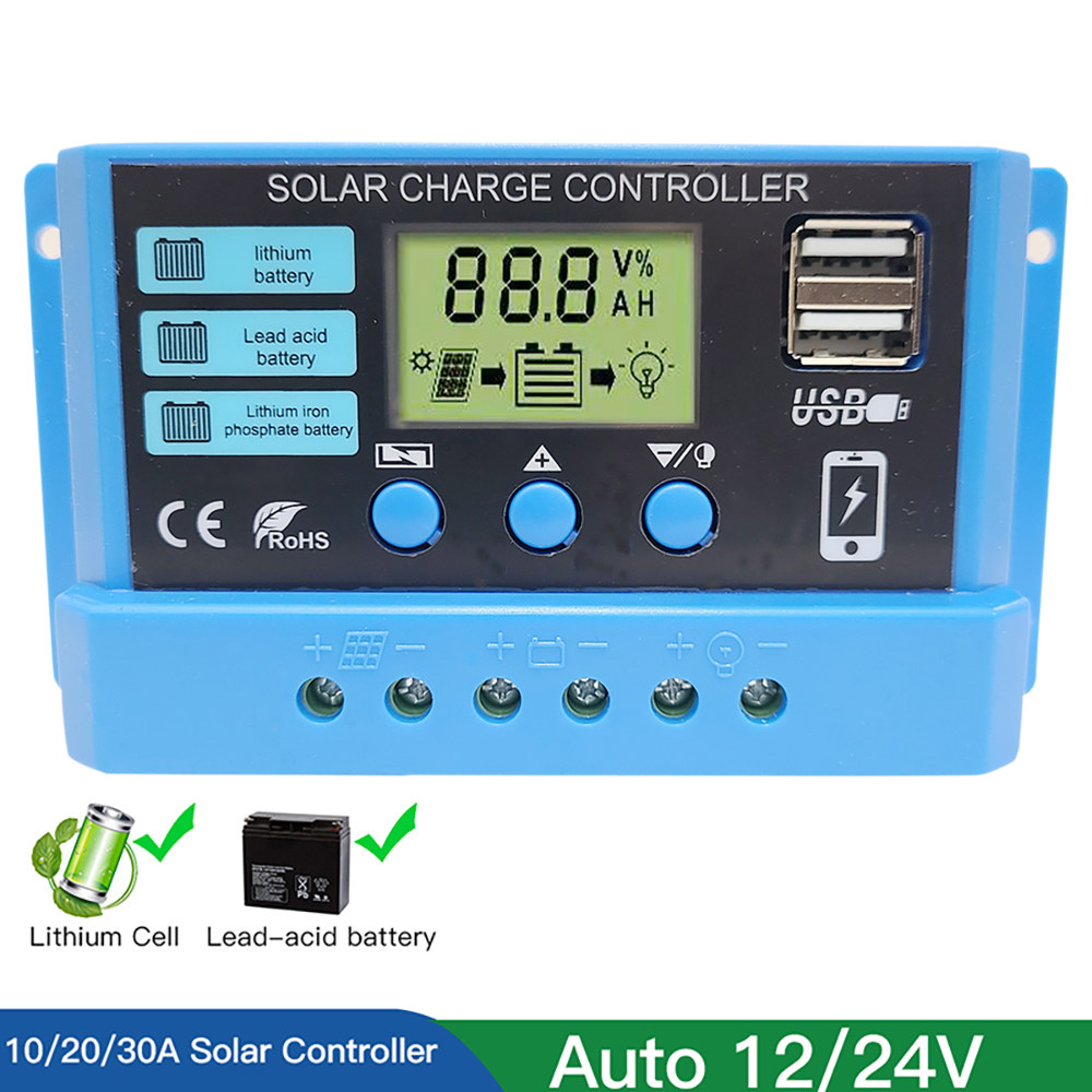 PWM 태양광 충전 컨트롤러 Lifepo4 리튬 젤 납산 PV 레귤레이터 태양 전지 패널 100W 200W 300W 10A 20A 30A 12V 24V