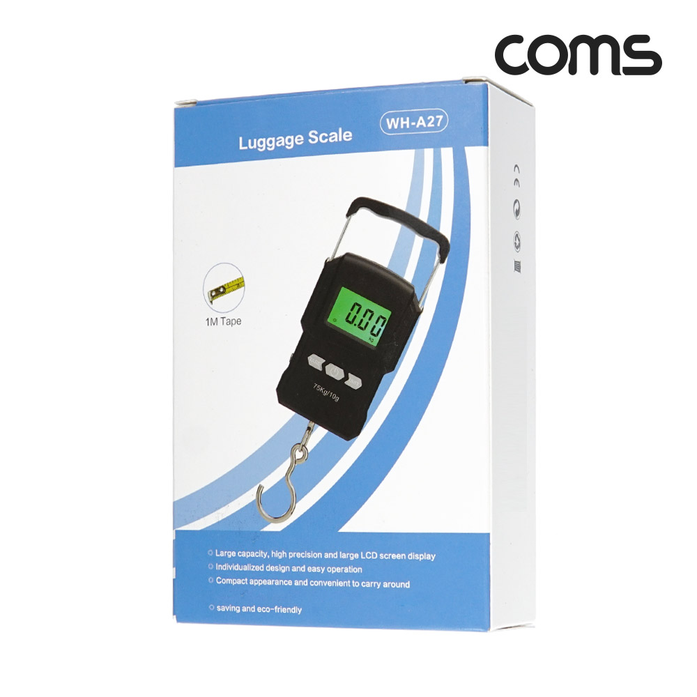COMS COMS Coms 휴대용 디지털 손저울 여행 캐리어 가방 무게 측정 최대 75kg 후크 고리 미니 크레인