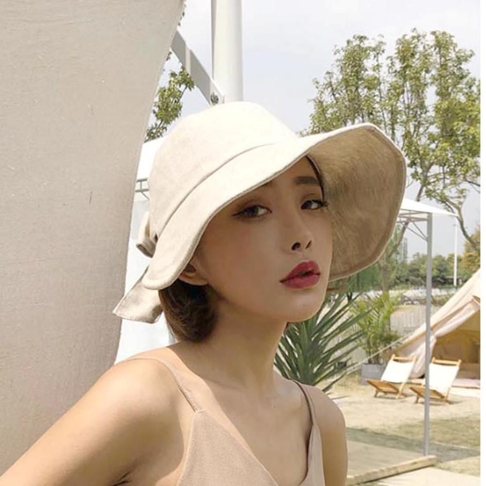 여성 데일리 햇빛가림 린넨 벙거지 리본 버킷햇 모자