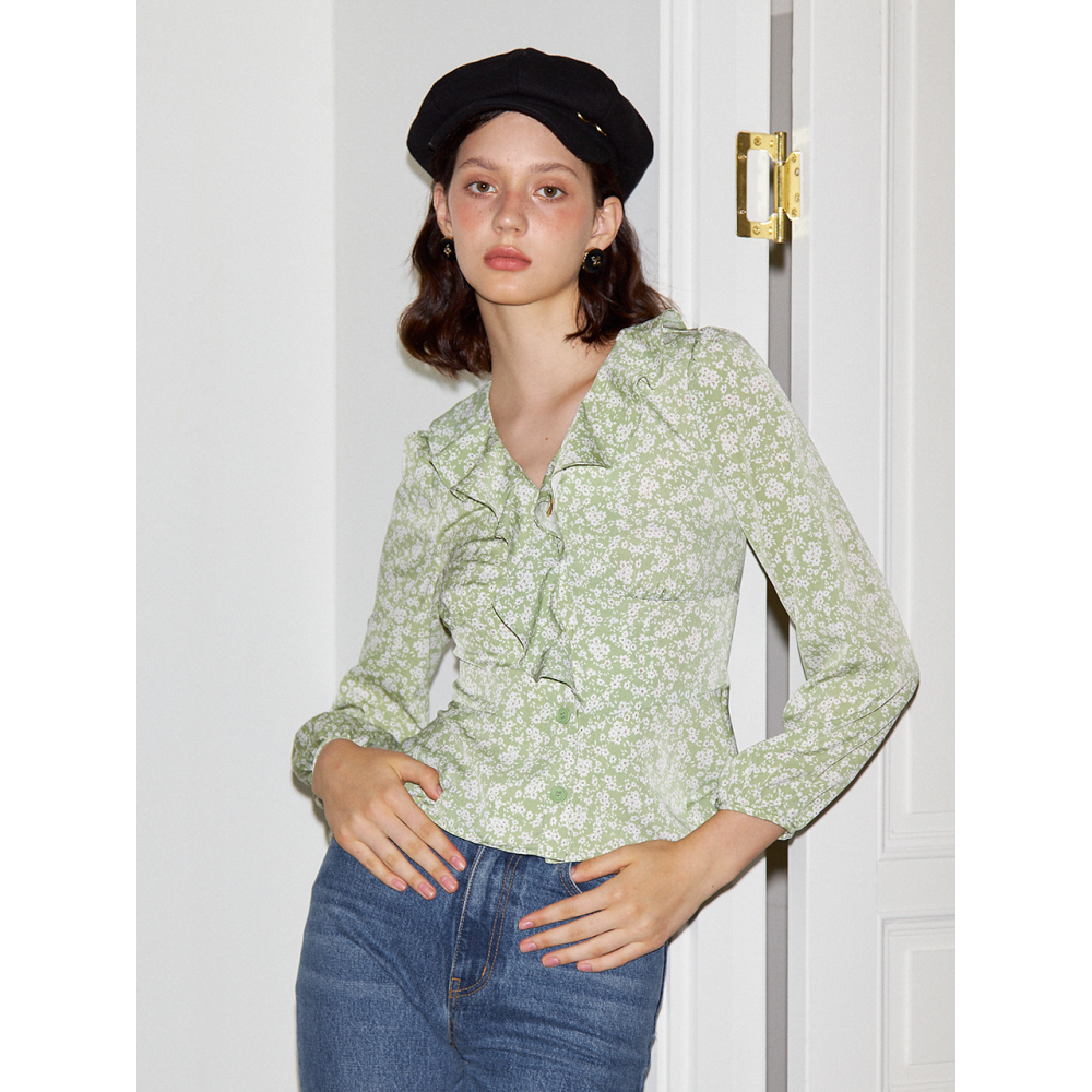 살롱드욘 SALON DE YOHN Puff Shoulder Ruffle Blouse Green