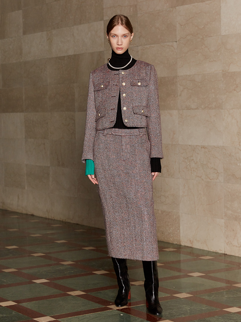 뮤제 MUSEE SOPHIA Tweed Wool Long Skirt Burgundy
