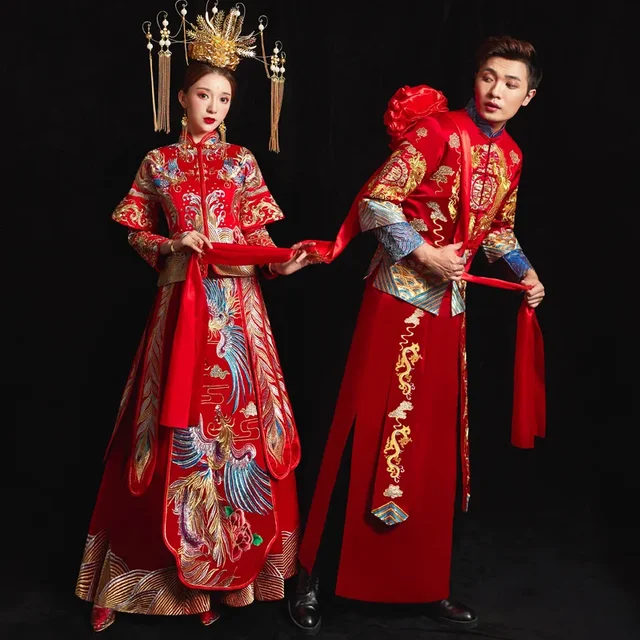 중국 전통 웨딩 여성 원피스 치파오 롱 치파오 자수 오리엔탈 커플 의류 Vestido Chino