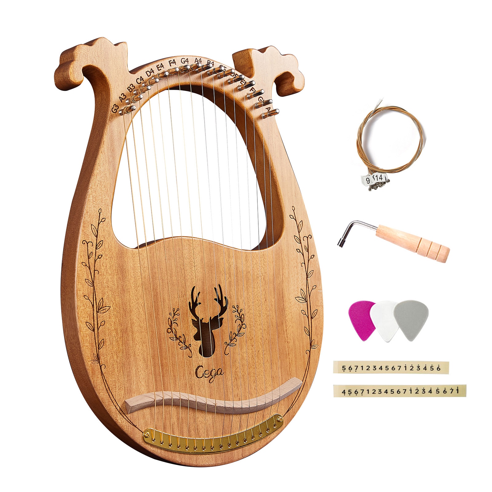 16-String Wooden Lyre 하프 공명 상자 튜닝 렌치가있는 현악기 3pcs