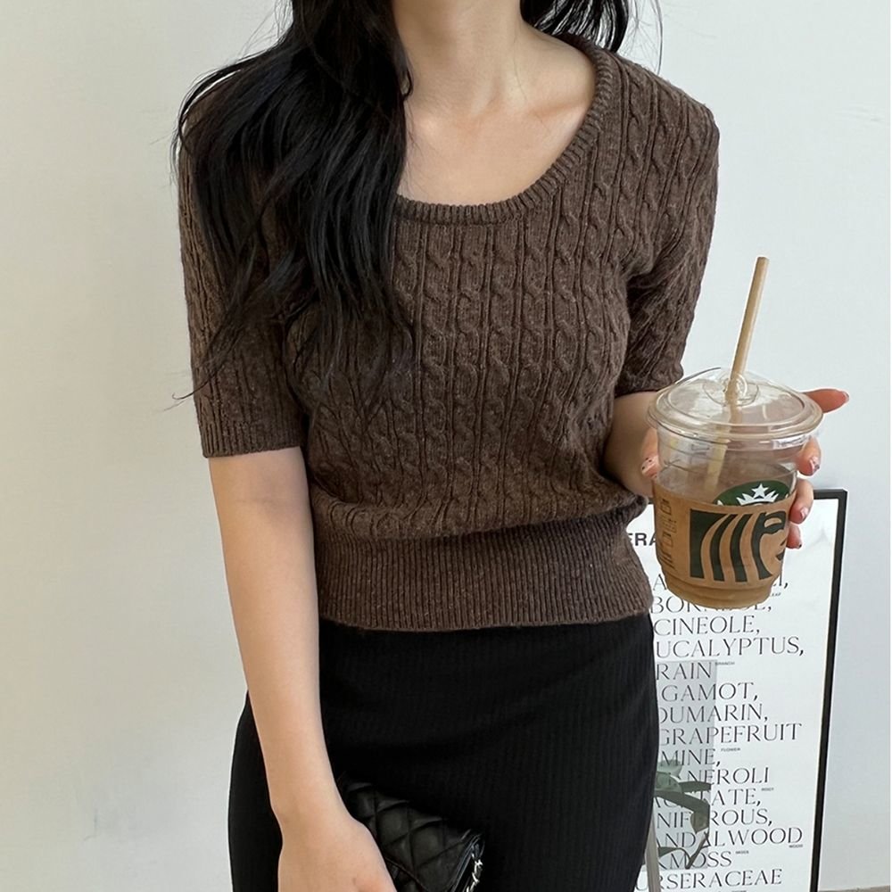 유넥 부드러운 레이온 캐시 반팔 니트 티셔츠 꽈배기