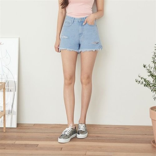 블루 구제 수술컷팅 3부 반바지 여성 슬림 데님 팬츠