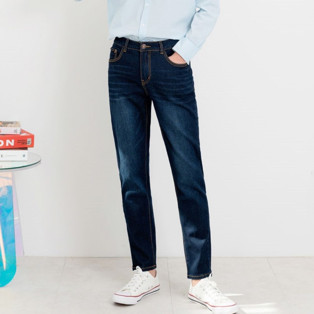 남성 슬림 라인 스판 진청 청바지