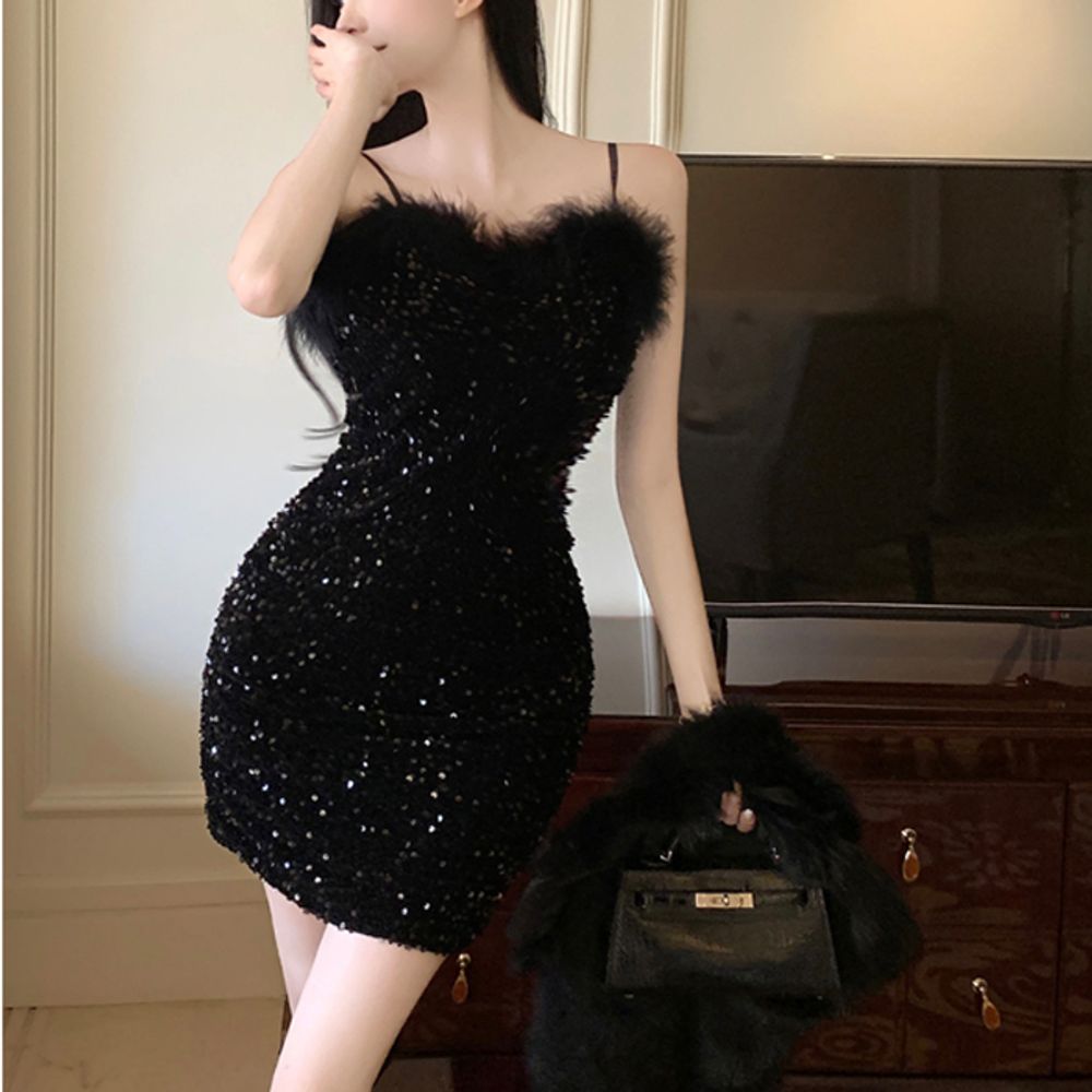 끈나시 탑 벨벳 스팽글 하트넥 미니 원피스