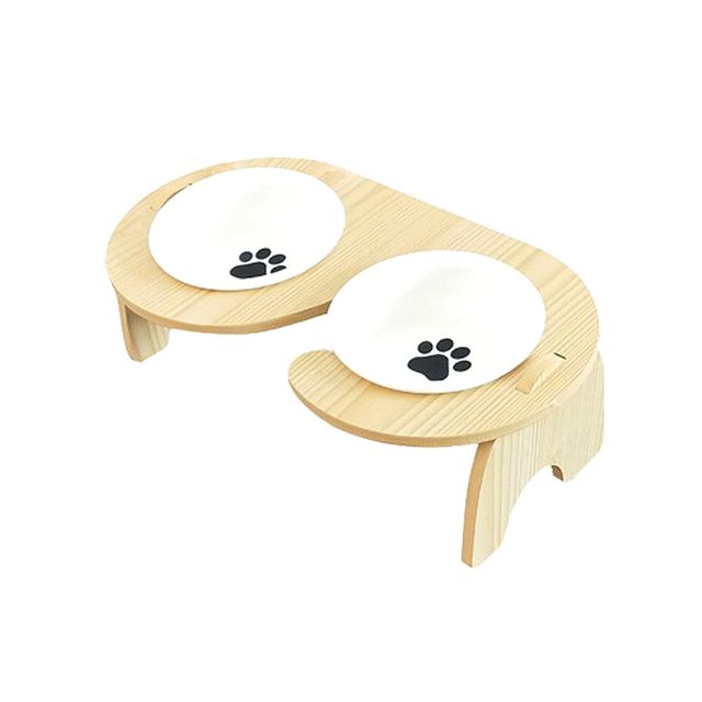 고양이 강아지 물그릇 도자기 2구 우드 라운드 밥그릇