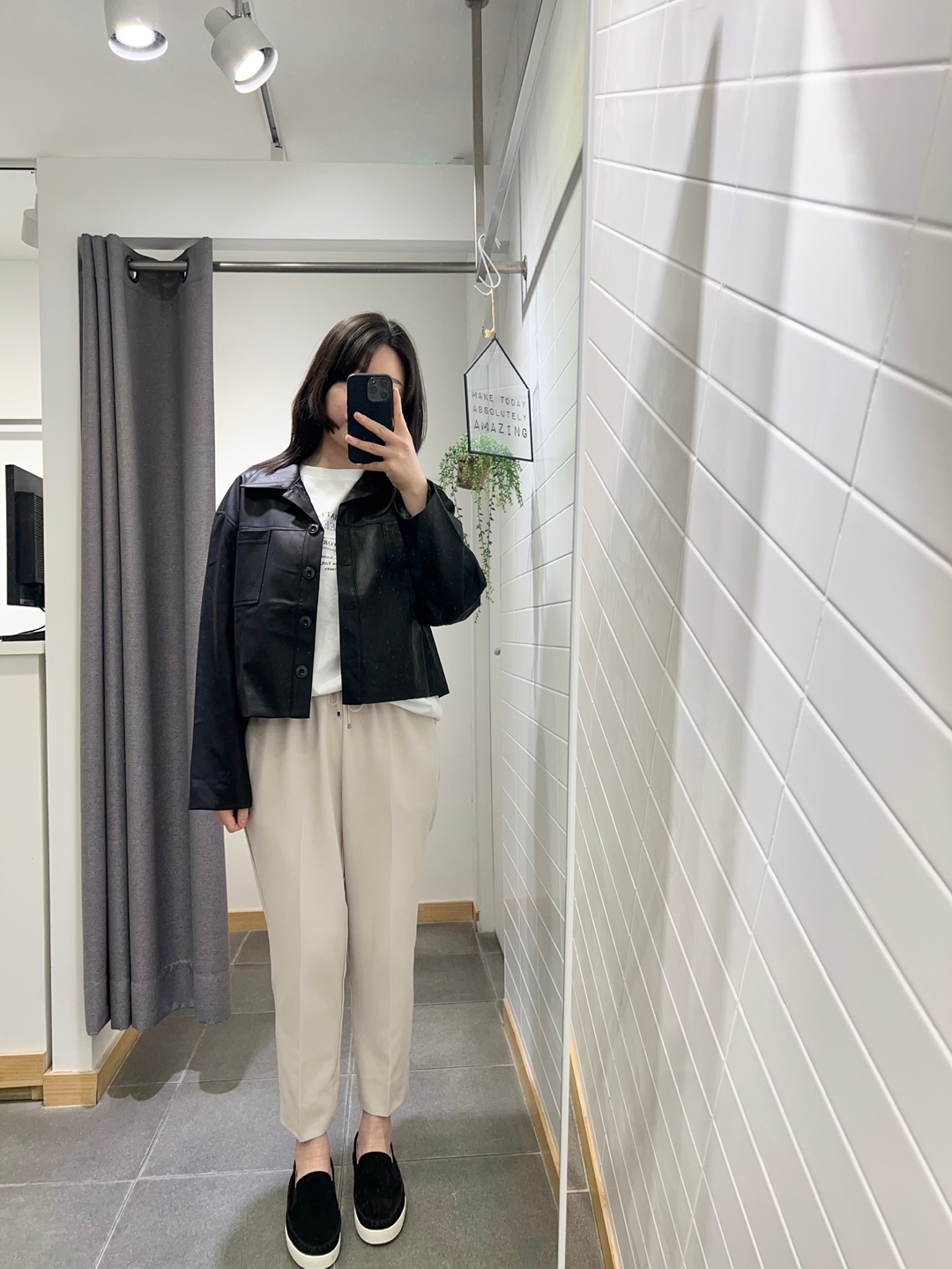 여자 카라넥 레더 라이더 크롭 숏 가죽 자켓