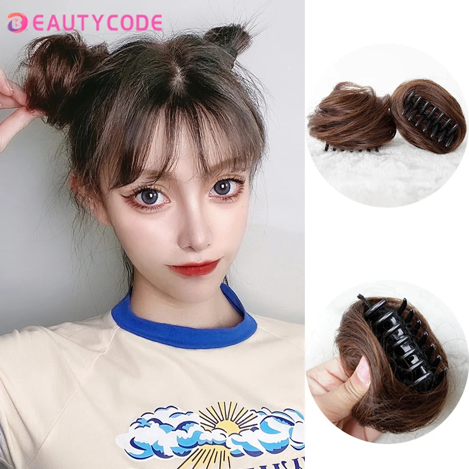 BEAUTYCODE 합성 클립온 헤어 번 탄성 밴드 지저분한 치뇽 익스텐션 스크런치 헤어피스 여성 어린이용