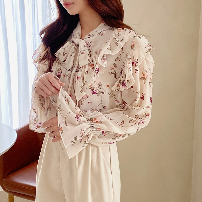 여성 긴팔 봄 가을 플라워 프린트 블라우스 2col