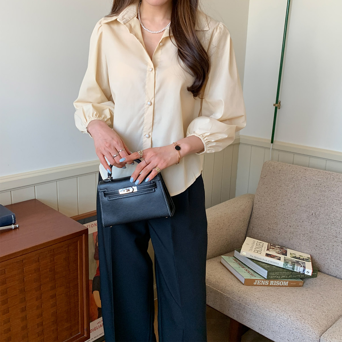 여자 데일리 카라 버튼 무지 블라우스