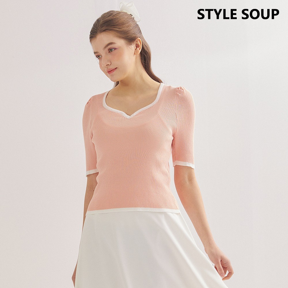 SOUP 숲 퍼프 슬리브 배색 립트니트 SZ5SKH2