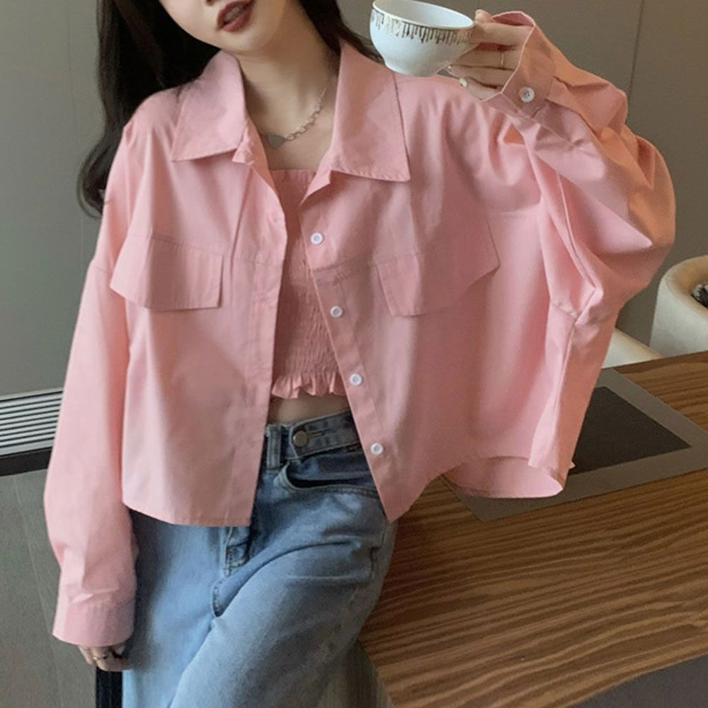 기본 세미 크롭 셔츠 아우터st 뒷트임 페이크포켓