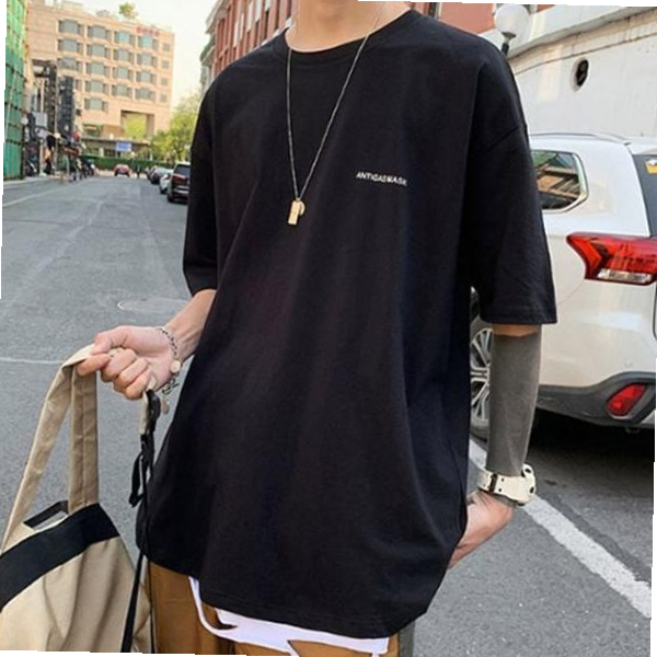 남성 트렌디 와이드핏 면 반팔티셔츠 캐주얼패션 블랙-XL