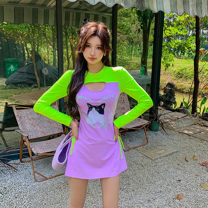 키치 키튼 비비드 긴팔 통통 원피스수영복 몸매커버 체형보정 리조트 모노키니