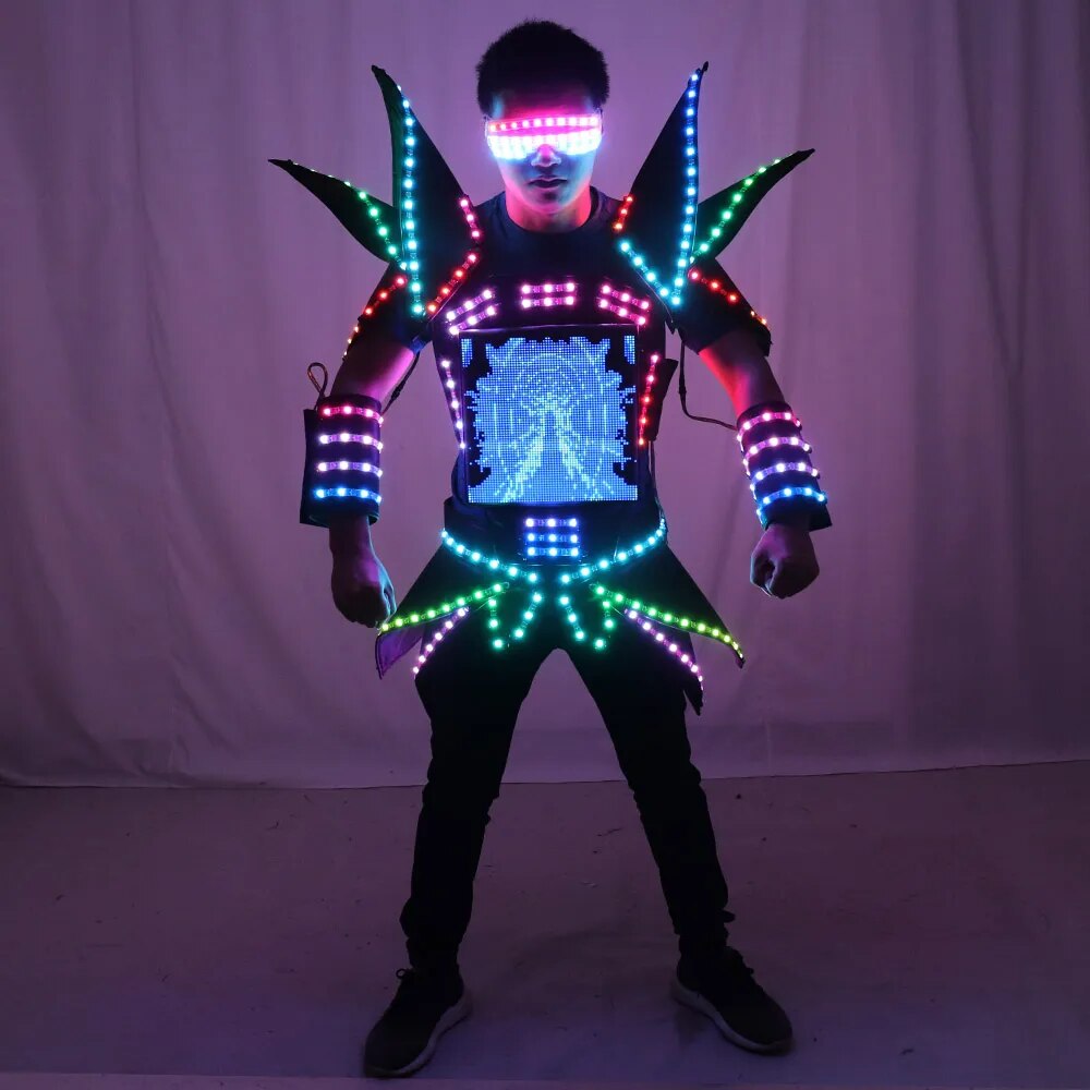 LED 로봇 디스플레이 의상 파티 퍼포먼스 갑옷 수트 화려한 조명 거울 클럽 쇼 의상 헬멧 디스코