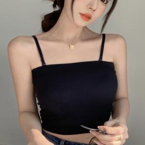 여자 끈 탈부착 캡 내장 크롭 나시 티셔츠
