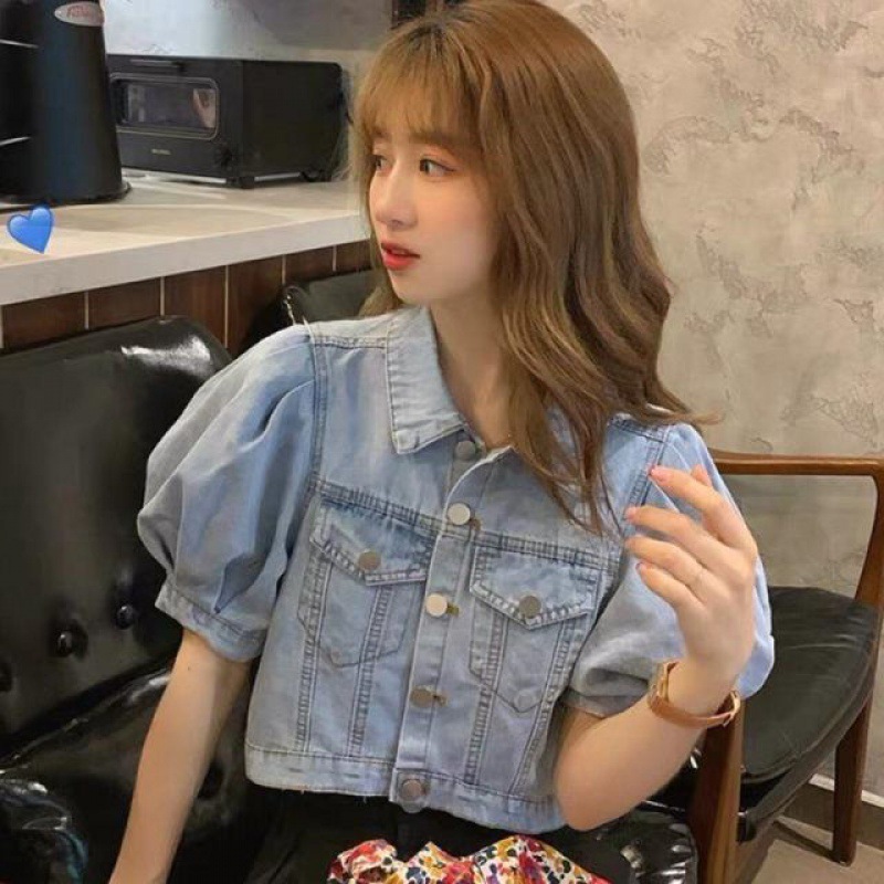 여자 숏청자켓 벌룬소매 캐주얼 코디 스타일 데님 크롭 여름 청반팔재킷 팔뚝살커버