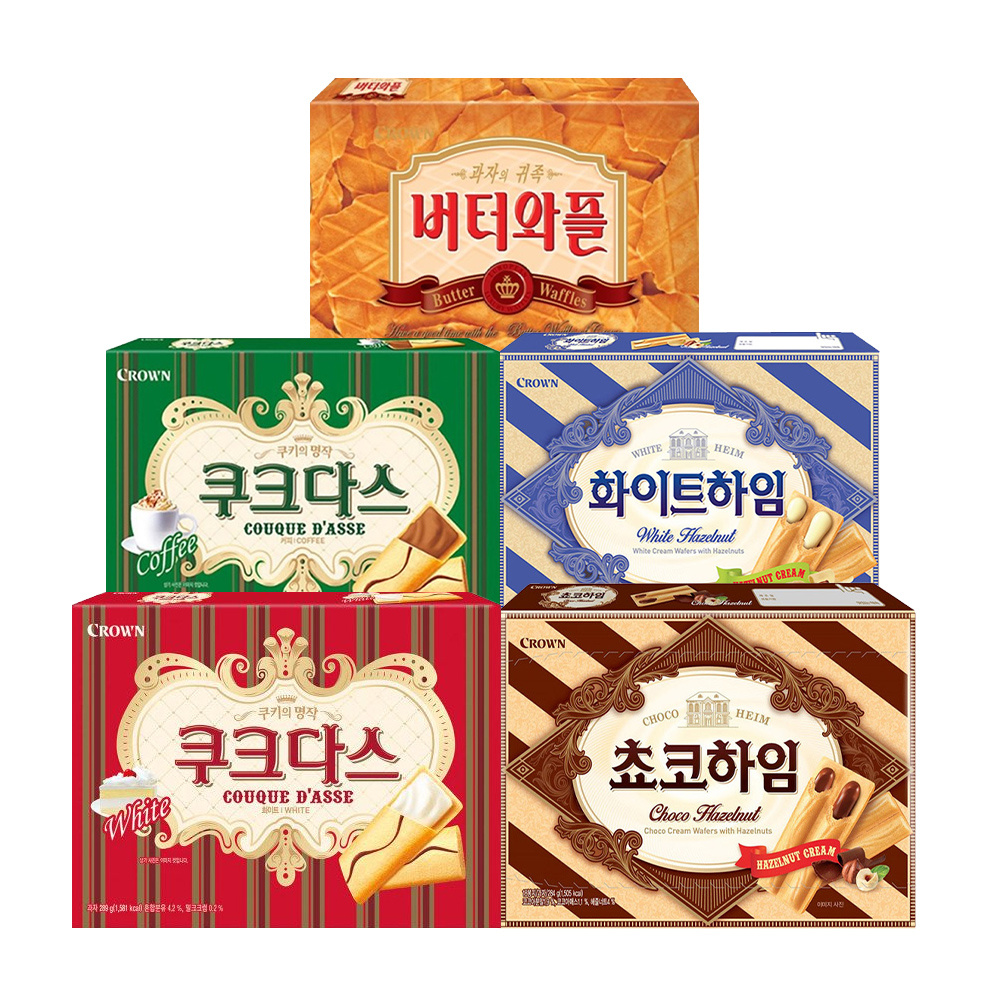 크라운 티타임과자 세트 총 5개 초코하임 1개 화이트하임 1개 쿠크다스 커피 1개 쿠크다스 1개 버터와플 1개