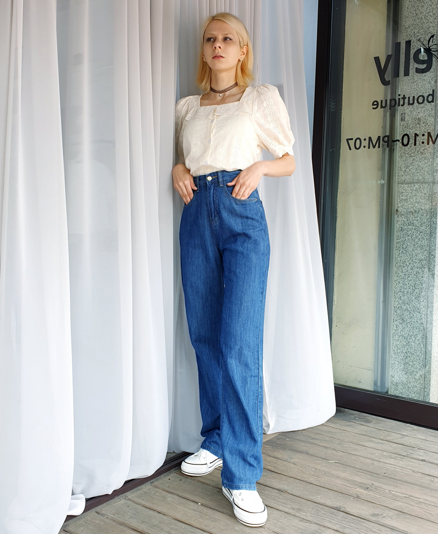 엘리 무료길이수선 하이웨스트진 얇은 세미와이드 쿨 데님팬츠 여자통청바지 연청 진청