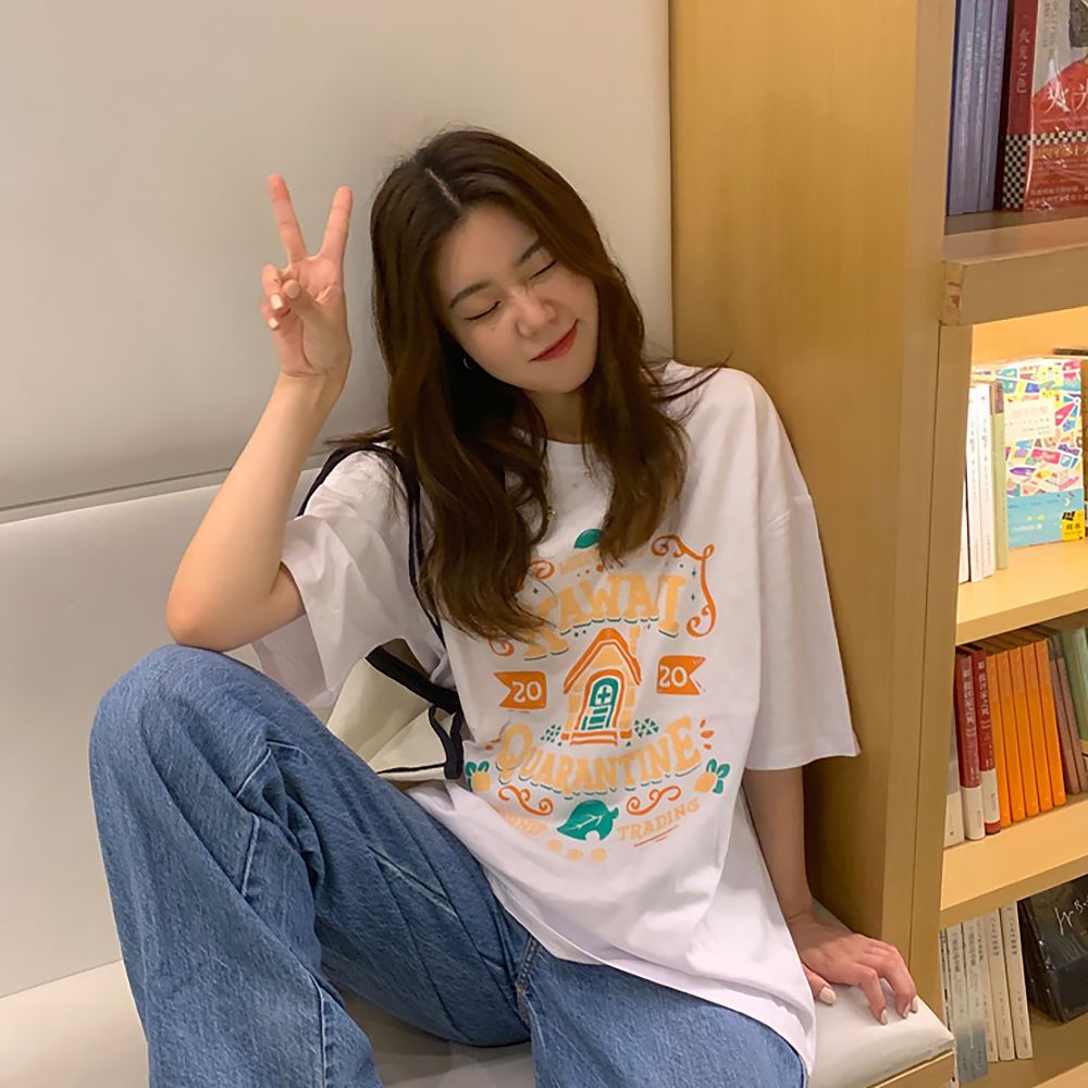 캐주얼 카와이 프린팅 라운드 면 편한 반팔 티셔츠