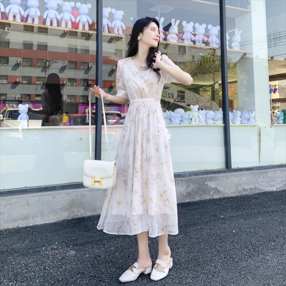 여성 쉬폰 플라워 원피스 새로운 꽃 드레스 여름 슬림 허리 레트로 롱 스커트 요정