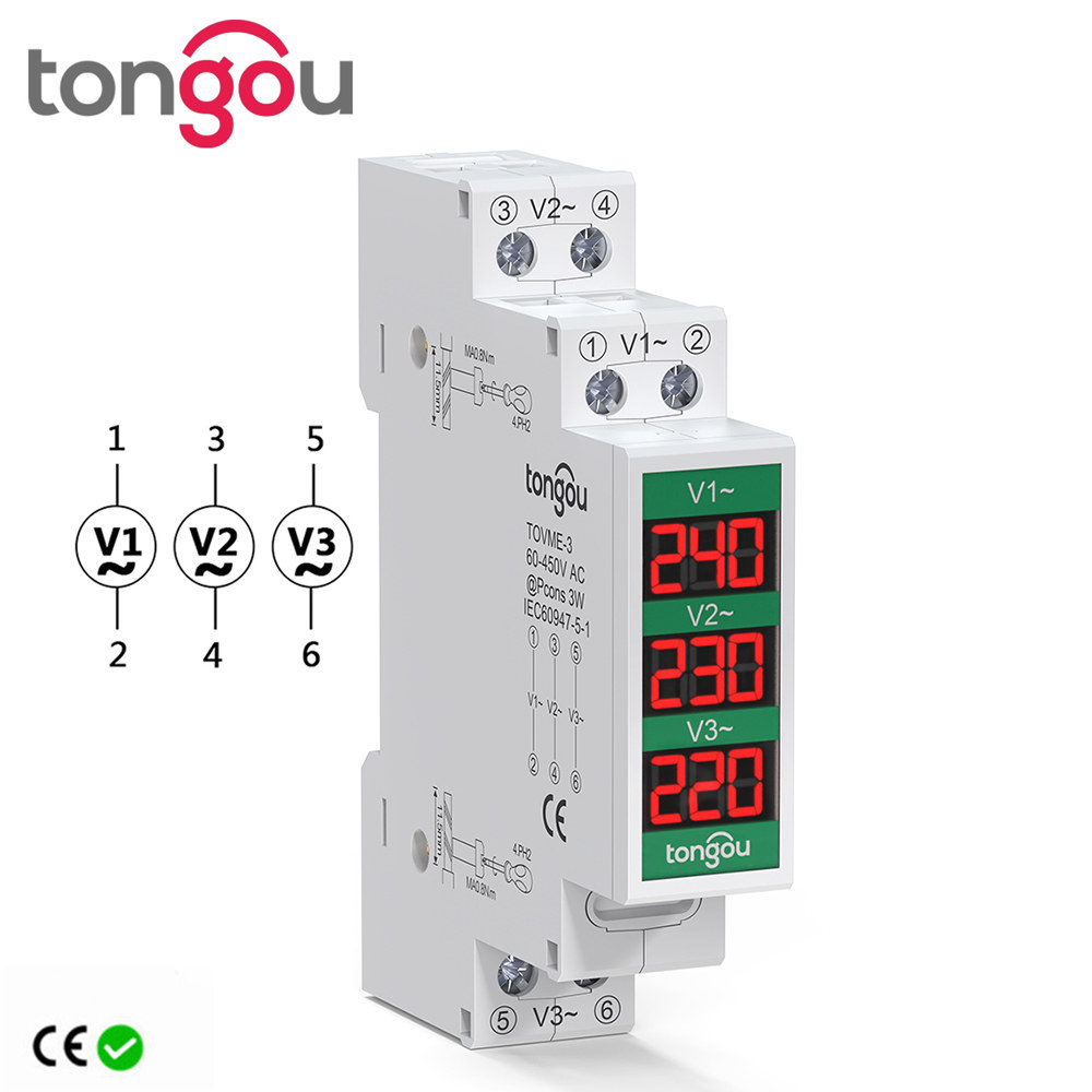 Din 레일 마운트 삼상 전압 측정기 Ac 미니 모듈 형 전압계 게이지 표시기 LED 디지털 디스플레이 60V-450V