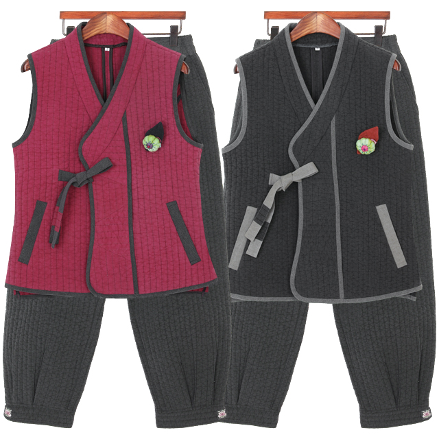 아리랑의봄 바이어스 배색 조끼 한벌 불교용품 생활한복